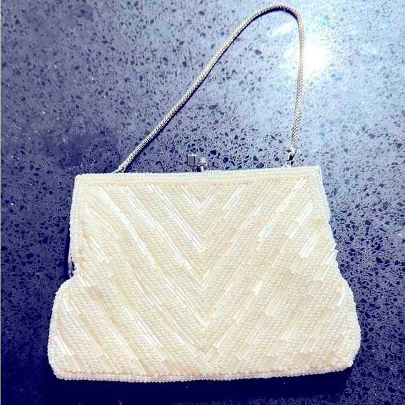 Vintage hand beaded glass gold kisslock cream chain clutch purse Cocktail Bag - Picture 3 of 5